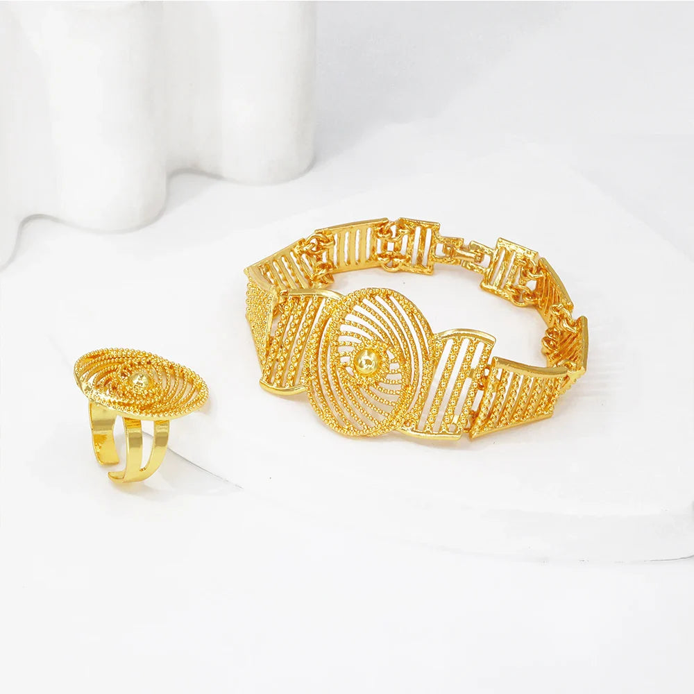 Elegant 18K gold plated necklace from a luxurious jewelry set for women, featuring a geometric design.