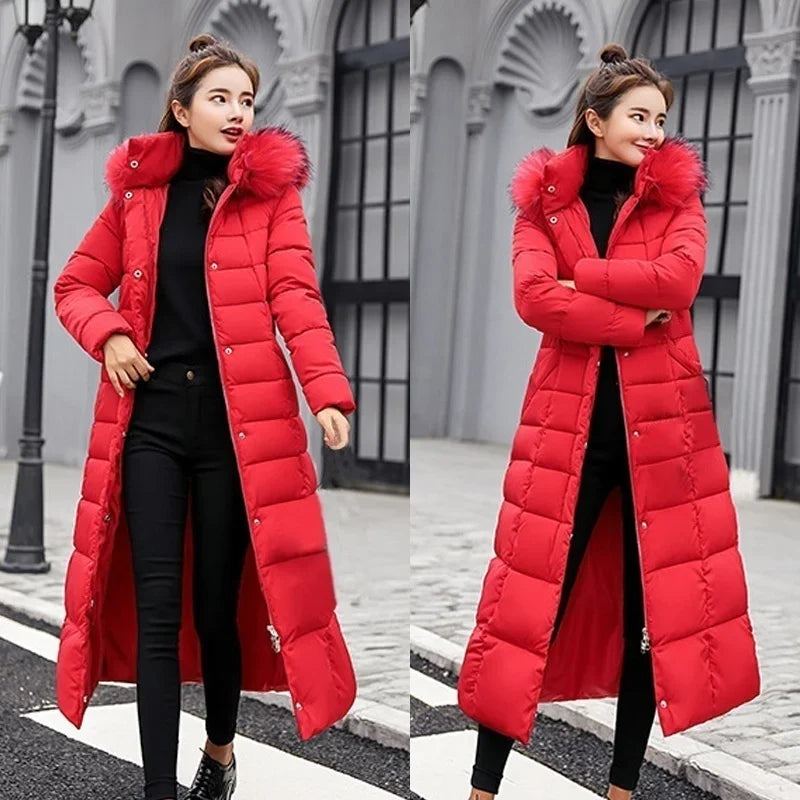 Elegant women's coat featuring a thick, warm fabric and luxurious fox fur collar, designed for winter charm.