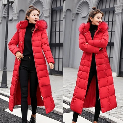 Elegant women's coat featuring a thick, warm fabric and luxurious fox fur collar, designed for winter charm.