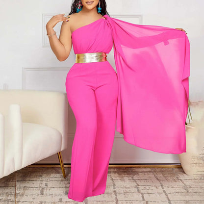 Luxurious one shoulder high waisted jumpsuit for women featuring elegant flying sleeves, perfect for upscale events, available in sizes S to XXXL.