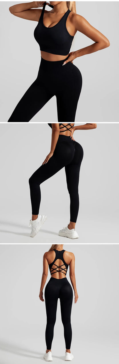 Elegant luxury seamless yoga set for women featuring a stylish backless crop top and flattering leggings, perfect for fitness enthusiasts.