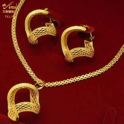 Stylish 24K gold-plated copper jewelry set displayed on an elegant background, suitable for modern women seeking luxury.