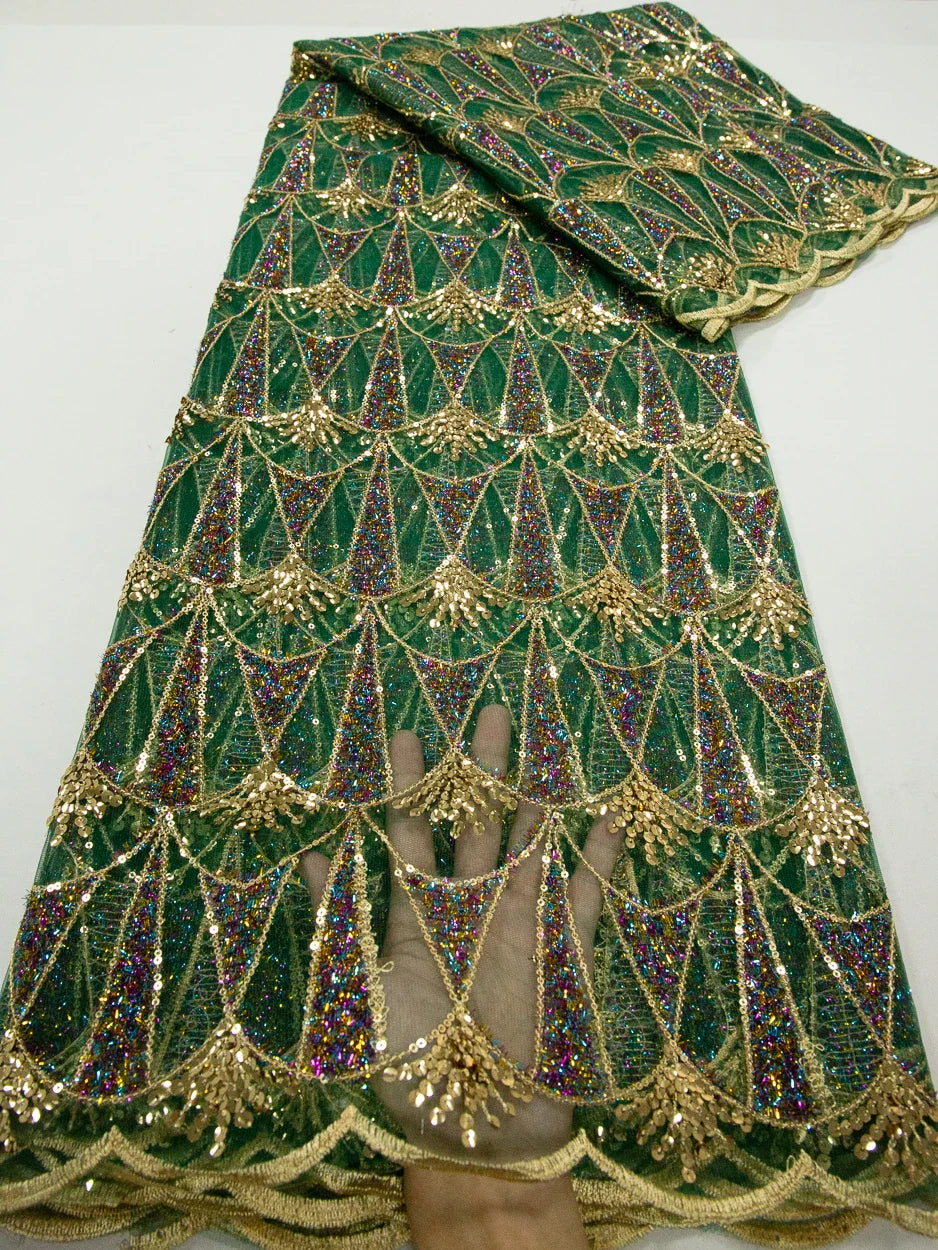 Close-up view of the exquisite sequins on Kalume African Lace Fabric, demonstrating its high-quality craftsmanship for event attire.