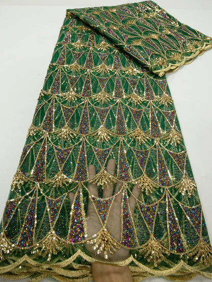 Close-up view of the exquisite sequins on Kalume African Lace Fabric, demonstrating its high-quality craftsmanship for event attire.