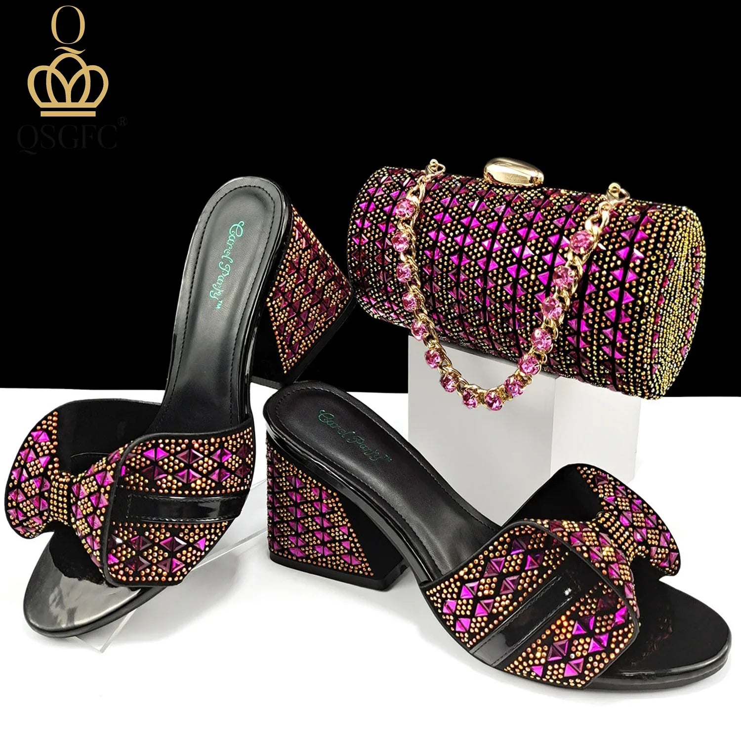 Elegant luxury fuchsia high heels for women, QSGFC brand, featuring a striking peep toe design and super high square heels adorned with rhinestones, perfect for special occasions.