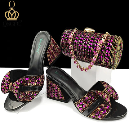 Elegant luxury fuchsia high heels for women, QSGFC brand, featuring a striking peep toe design and super high square heels adorned with rhinestones, perfect for special occasions.