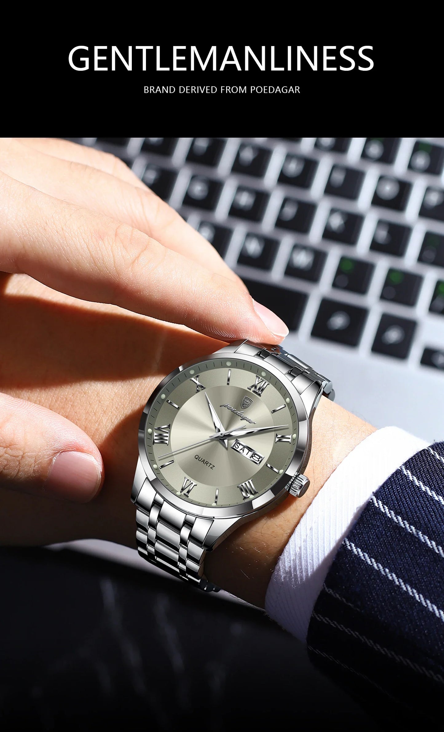 Close-up view of a waterproof luminous week date function on a luxury men's sports watch, showcasing intricate detailing and elegant design.