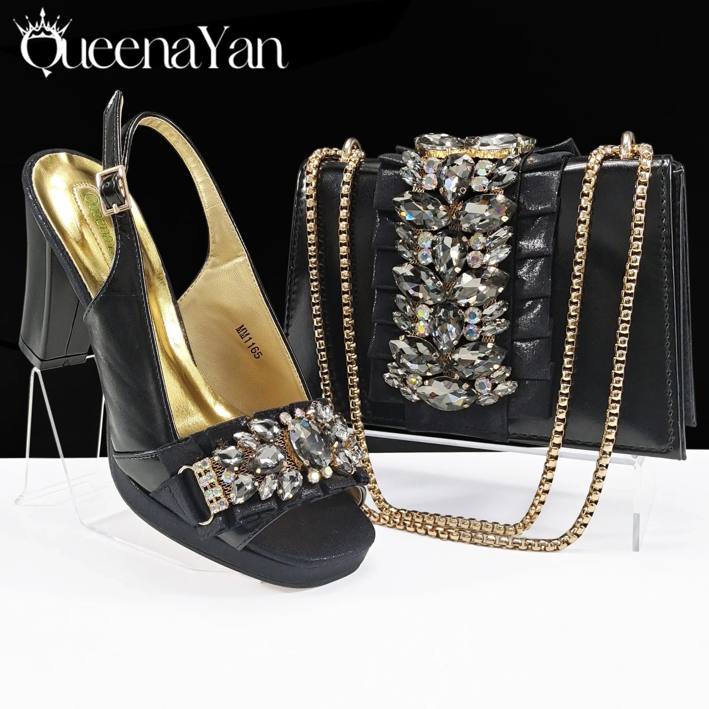 Women’s stylish gold pumps set, featuring an exquisite rhinestone-adorned bag, ideal for upscale events and special occasions.