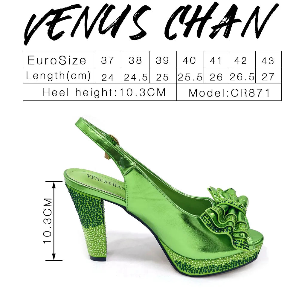 Elegant green Venus Chan open toe diamond pumps for women, featuring exquisite spike heels, perfect for upscale parties.