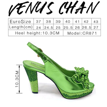 Elegant green Venus Chan open toe diamond pumps for women, featuring exquisite spike heels, perfect for upscale parties.