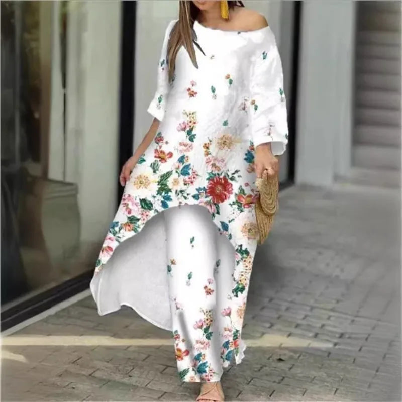 Stylish high waist wide-leg pants from the women's luxury 2-piece set, designed for casual spring/summer wear with an elegant printed pattern.