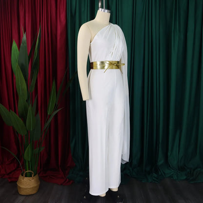 Elegant one shoulder high waisted jumpsuit and romper for women with flying sleeves, perfect for luxurious occasions.