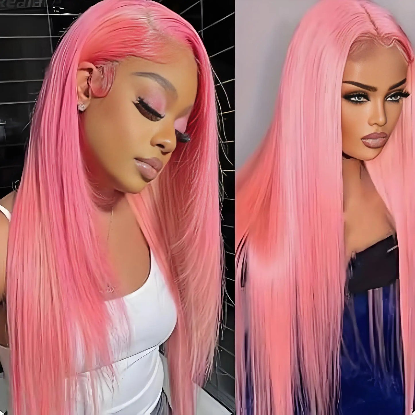 250% density long pink lace front wig made from 100% Brazilian human hair, featuring a glueless and pre-plucked design for a seamless natural look.
