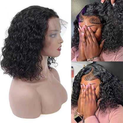 Stunning image of a water wave curly human hair wig, highlighting its high-quality Swiss lace, perfect for styling and versatile looks.