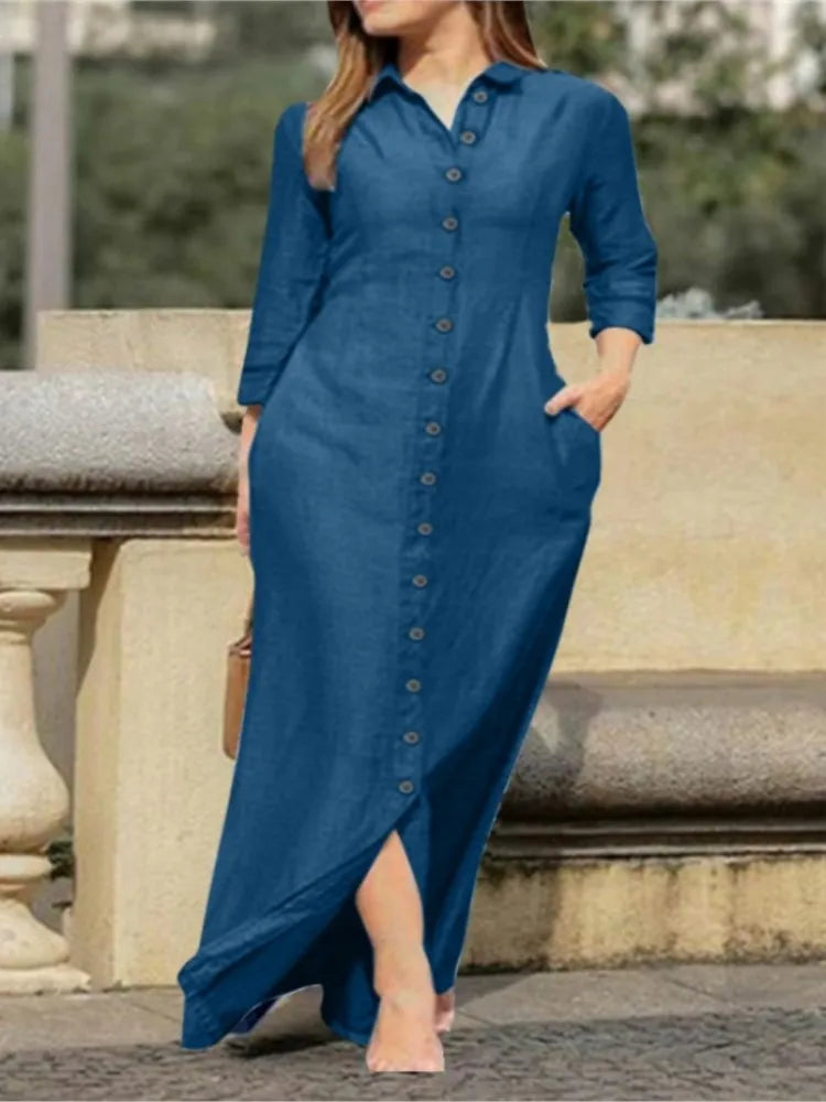 Refined solid cotton blend shirt dress for women, offering timeless sophistication with its full-length sleeves, natural waistline, and versatile office style.