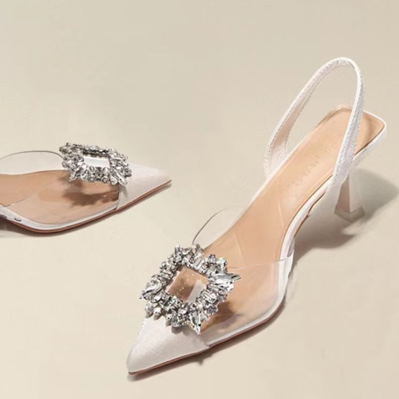 Close-up of BCEBYL Women’s pumps detail, featuring sparkling crystals and slip-on style, ideal for adding glamour to any formal outfit.