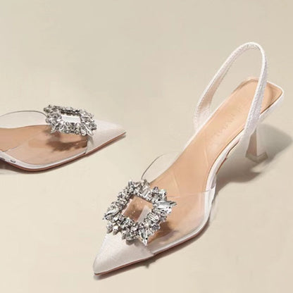 Close-up of BCEBYL Women’s pumps detail, featuring sparkling crystals and slip-on style, ideal for adding glamour to any formal outfit.