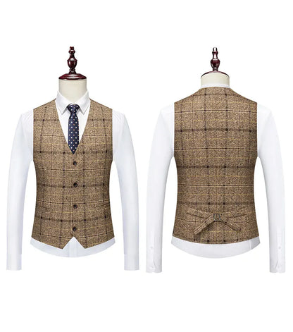Stylish men's one button suit with a tailored vest and sleek trousers, perfect for autumn weddings or business attire, embodying modern luxury and sophistication.