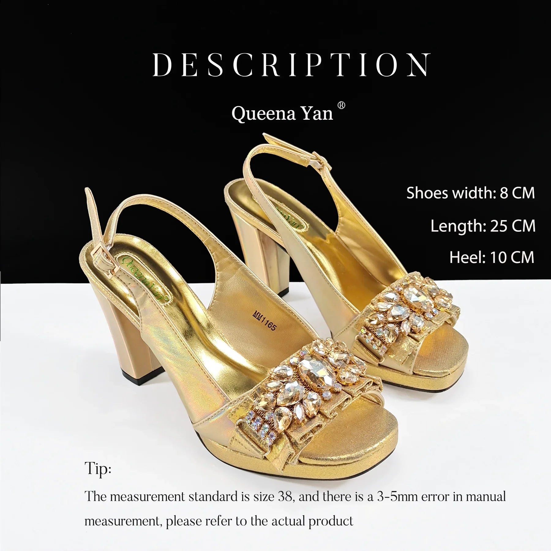 Elegant ensemble of gold high heels and handbag set by Queena Yan, offering a chic style for party attire.
