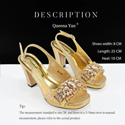 Elegant ensemble of gold high heels and handbag set by Queena Yan, offering a chic style for party attire.