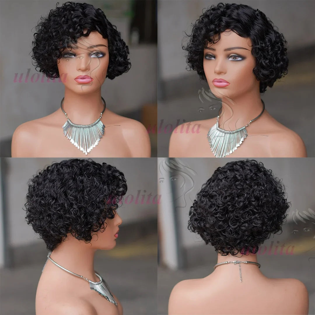 Close-up view of the Ombre Blonde Pixie Cut Curly Bob Wig, emphasizing the natural highlights and soft curls, crafted from Remy human hair.