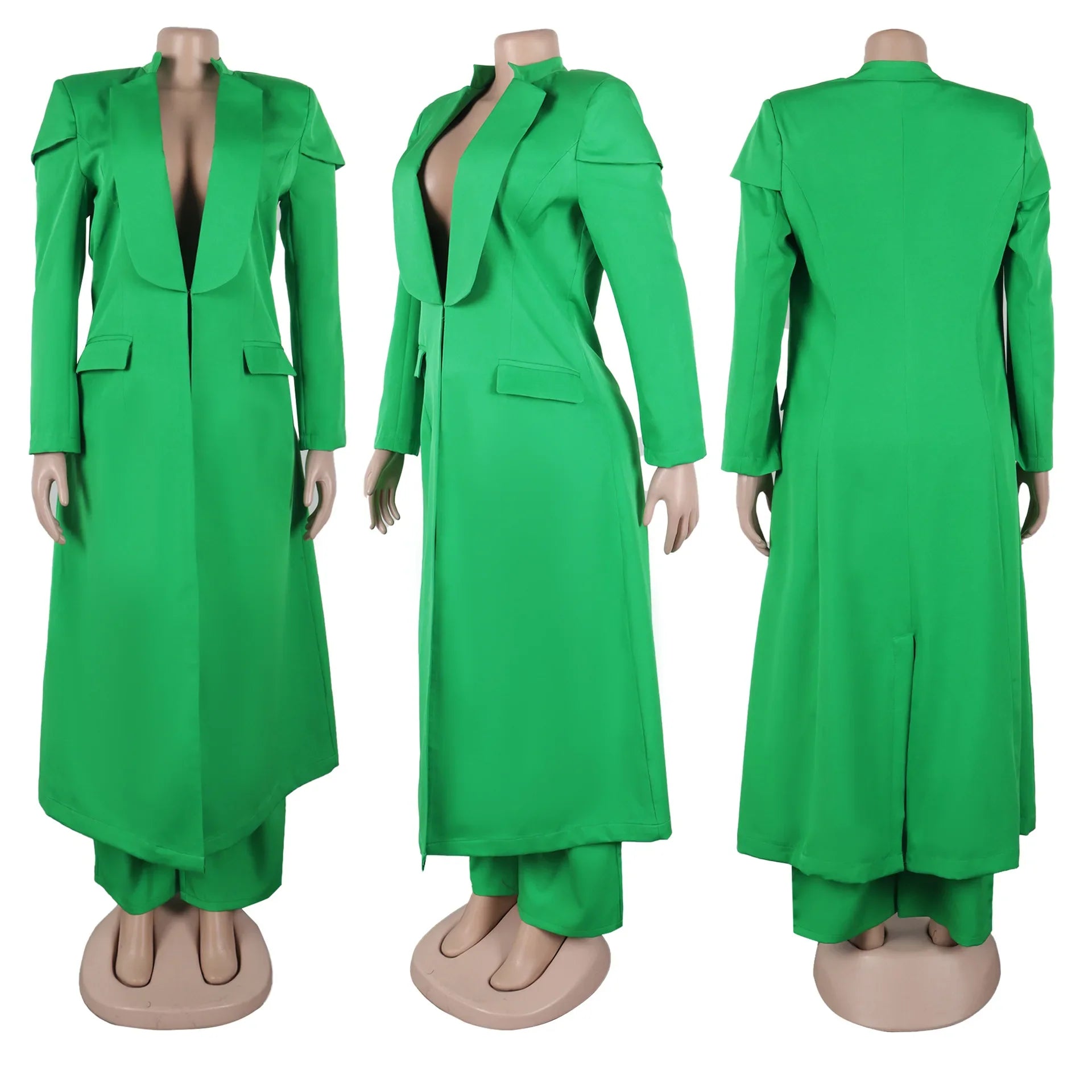 High-quality women's office outfit, consisting of an x-long blazer coat with notched collar and wide leg pants, showcasing a fashionable and professional aesthetic.
