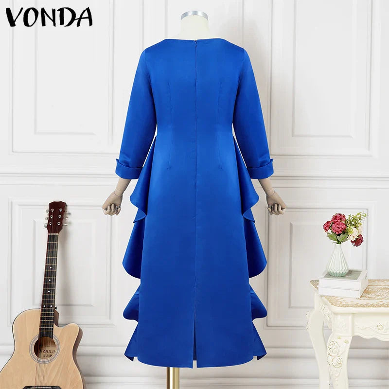 Close-up of the ruffle detailing on VONDA's Elegant Plus Size 5XL Maxi Dress, blending sophistication with comfort for all-season wear.