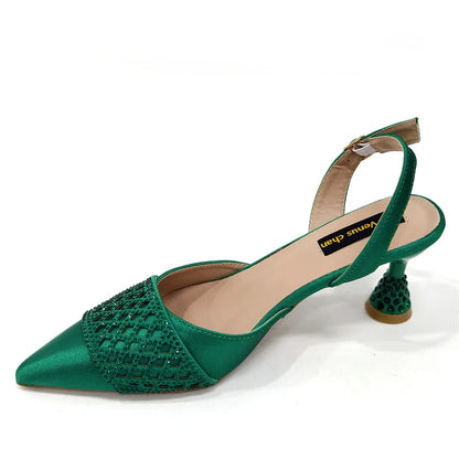 Close-up of the high spike heel on the elegant women's Italian slingback shoe, showcasing exquisite craftsmanship.