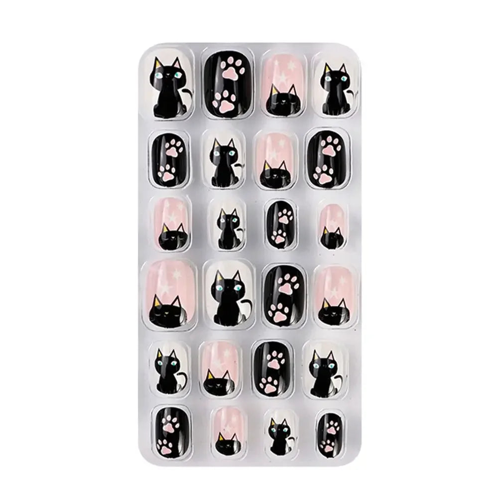 Exquisite 24-piece acrylic nail set adorned with cute floral patterns, designed to elevate young girls' nail aesthetics.