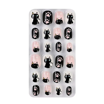 Exquisite 24-piece acrylic nail set adorned with cute floral patterns, designed to elevate young girls' nail aesthetics.