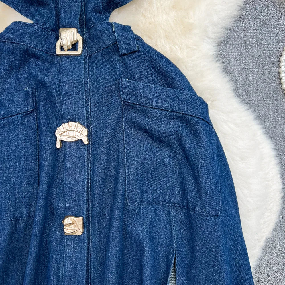 Stylish back view of the sleeveless denim dress highlighting its elegant fit and natural waistline, ideal for autumn and winter seasons.