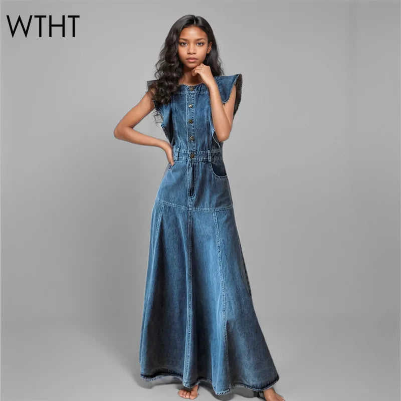 Elegant WTHT Women's sleeveless denim long dress featuring a sophisticated ruffled edge and mid-calf pleated style, perfect for middle-aged women seeking casual luxury.