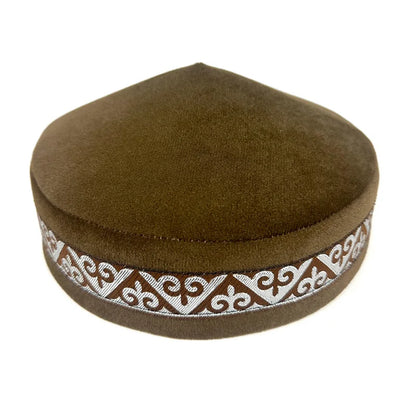 Elegant handmade Kazakh hat for men, featuring intricate blue embroidery on a cotton kufi cap, ideal for formal occasions.