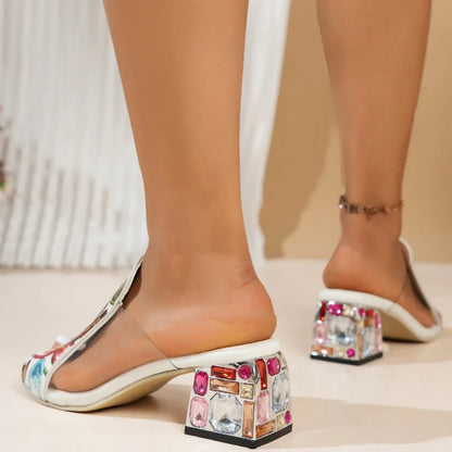 Elegant women’s floral print genuine leather high heel slippers featuring exquisite mesh patchwork design, perfect for outdoor summer wear.