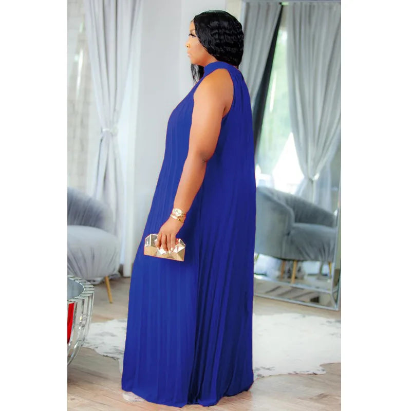 Elegant plus size women's halter sleeveless maxi dress, showcasing a sophisticated floor-length design, perfect for evening events.