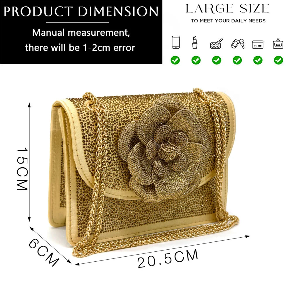 Close-up view of a stunning pointed-toe pump from the women's shoe and bag set featuring intricate flower embellishments and sparkling rhinestones.