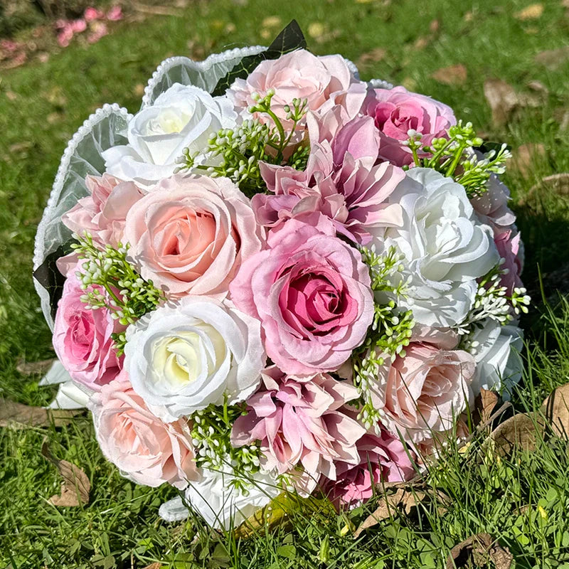 Exquisite elegant silk wedding bouquet featuring babysbreath and roses, adorned with pearl lace, ideal for brides and bridesmaids.