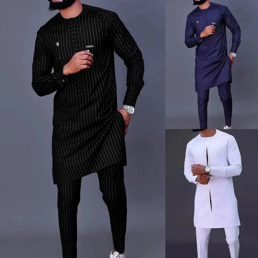 Stylish men's casual two-piece suit in white with geometric prints, designed for comfort and sophistication, suitable for all seasons.