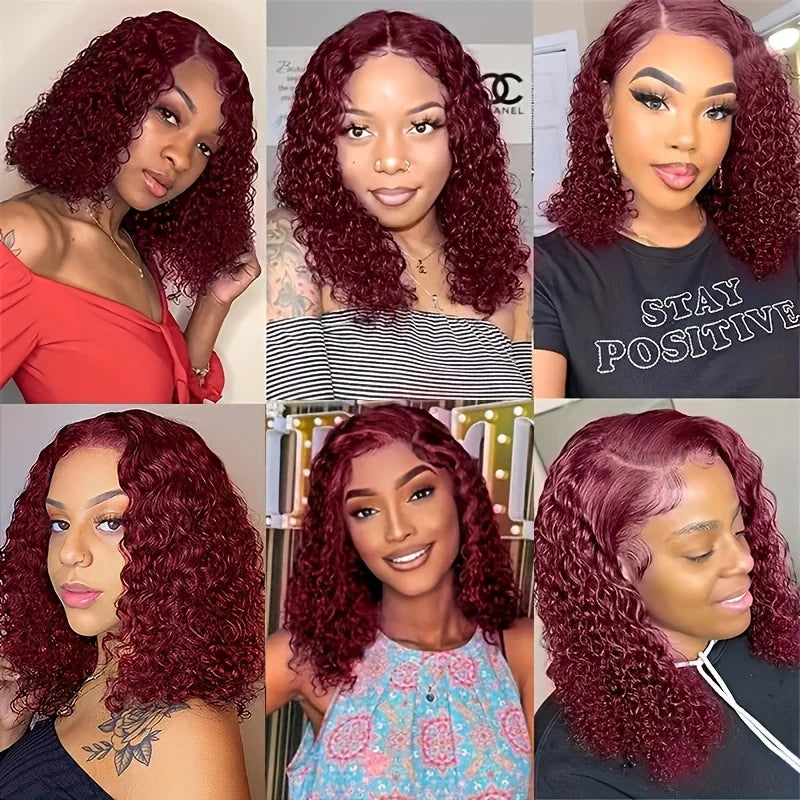 Stylish model wearing the Burgundy 99J Deep Wave Short Bob Wig displaying its flawless lace front and natural baby hair.