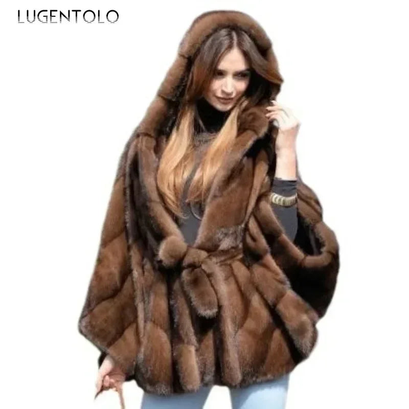 Luxurious women's hooded faux fur coat featuring an elegant knit design, perfect for autumn and winter fashion.