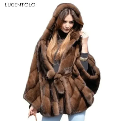 Luxurious women's hooded faux fur coat featuring an elegant knit design, perfect for autumn and winter fashion.