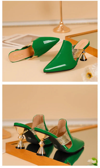 Chic summer mules for women in vibrant green, showcasing a stylish pointed toe and unique metal heel, perfect for fashionable outings.