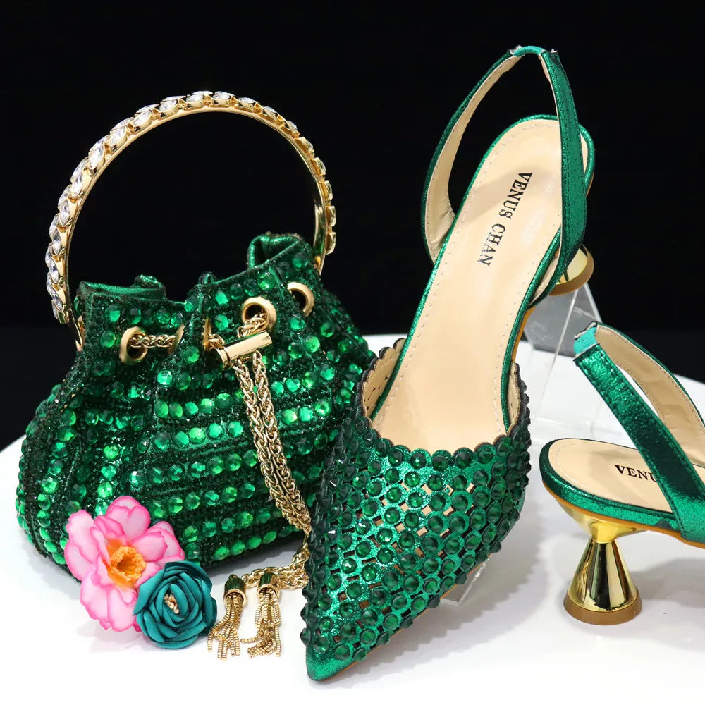 Stylish Venus Chan green handbag with metal handle and chain strap, highlighting the exquisite craftsmanship and fashion-forward design, ideal for women’s evening wear.