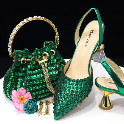 Stylish Venus Chan green handbag with metal handle and chain strap, highlighting the exquisite craftsmanship and fashion-forward design, ideal for women’s evening wear.