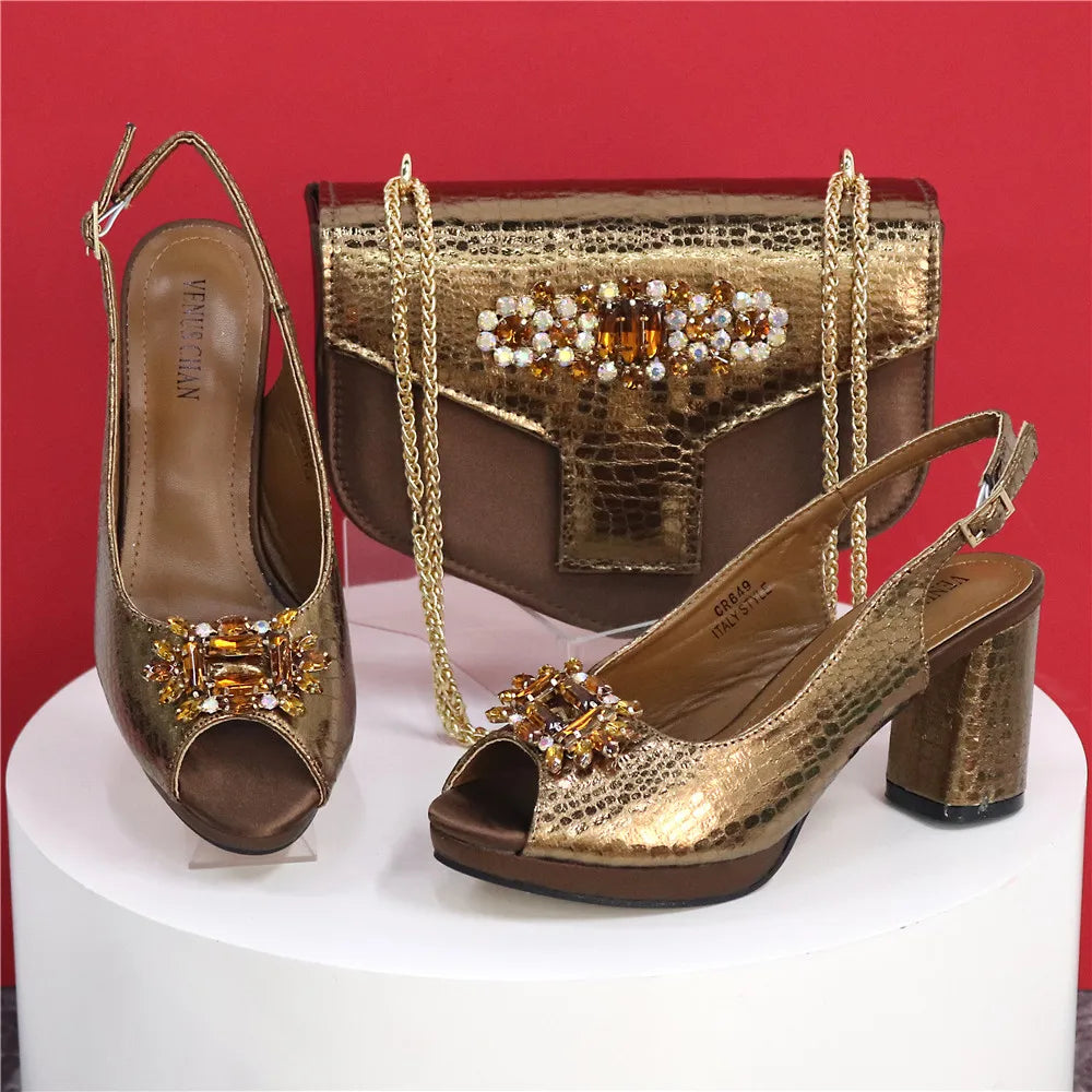 Elegant Women's open toe heels in luxurious coffee colour with rhinestone detailing, part of a chic shoe and bag set.