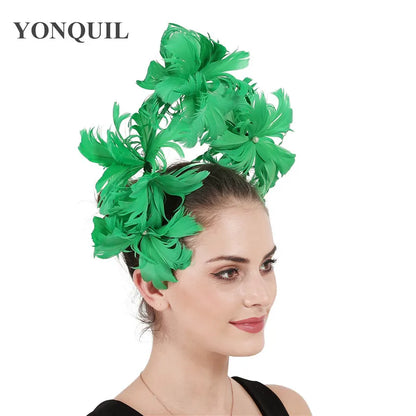 Chic blue feather fascinator headband, a sophisticated hair accessory for weddings and special events.