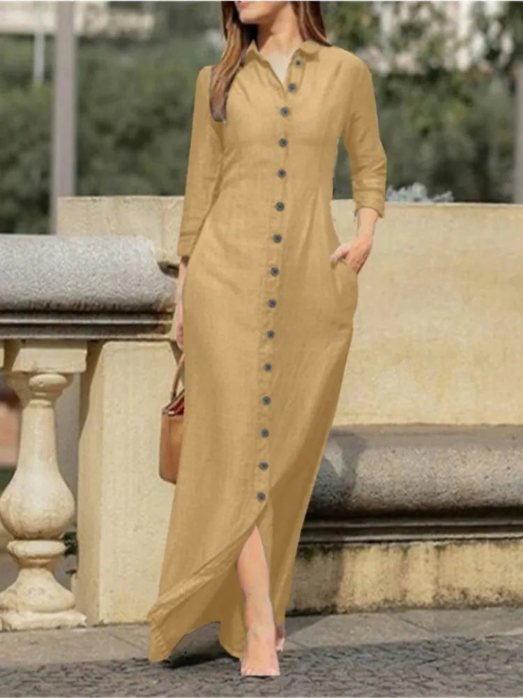 Graceful office-ready shirt dress in solid fabric, designed for women, showcasing a turn-down collar and full sleeves, ideal for a chic autumn look.