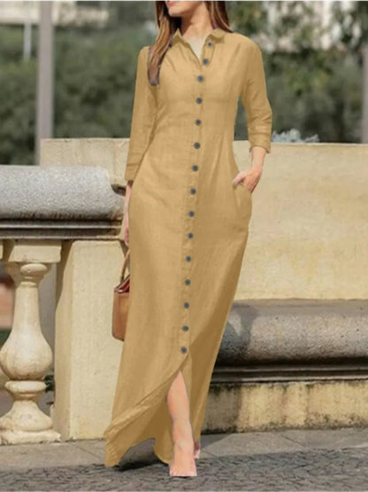 Graceful office-ready shirt dress in solid fabric, designed for women, showcasing a turn-down collar and full sleeves, ideal for a chic autumn look.