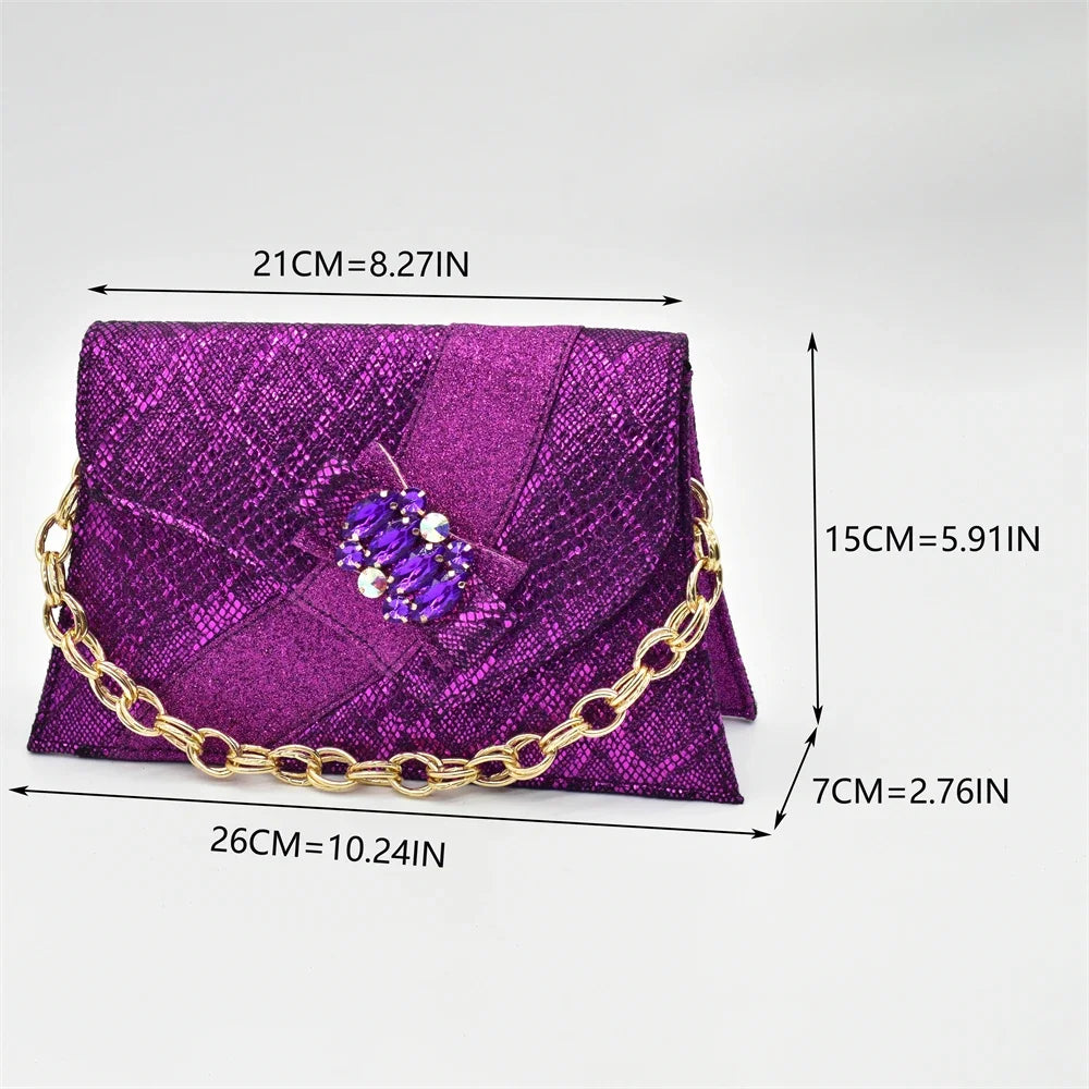 Exquisite women's shoe and bag set in luxurious Italian style, showcasing striking rhinestone accents, perfect for parties and weddings.