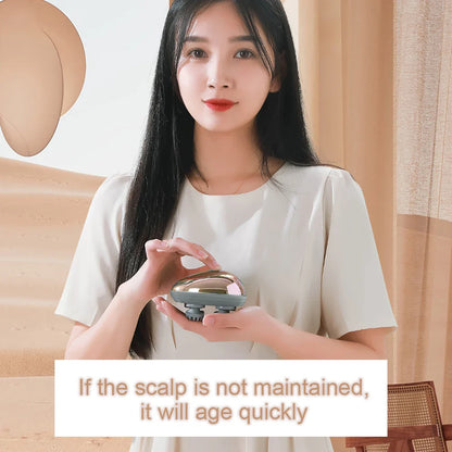 Close-up of the handheld silicone head massage device, showcasing its ergonomic design and luxury finish for a superior massage experience.